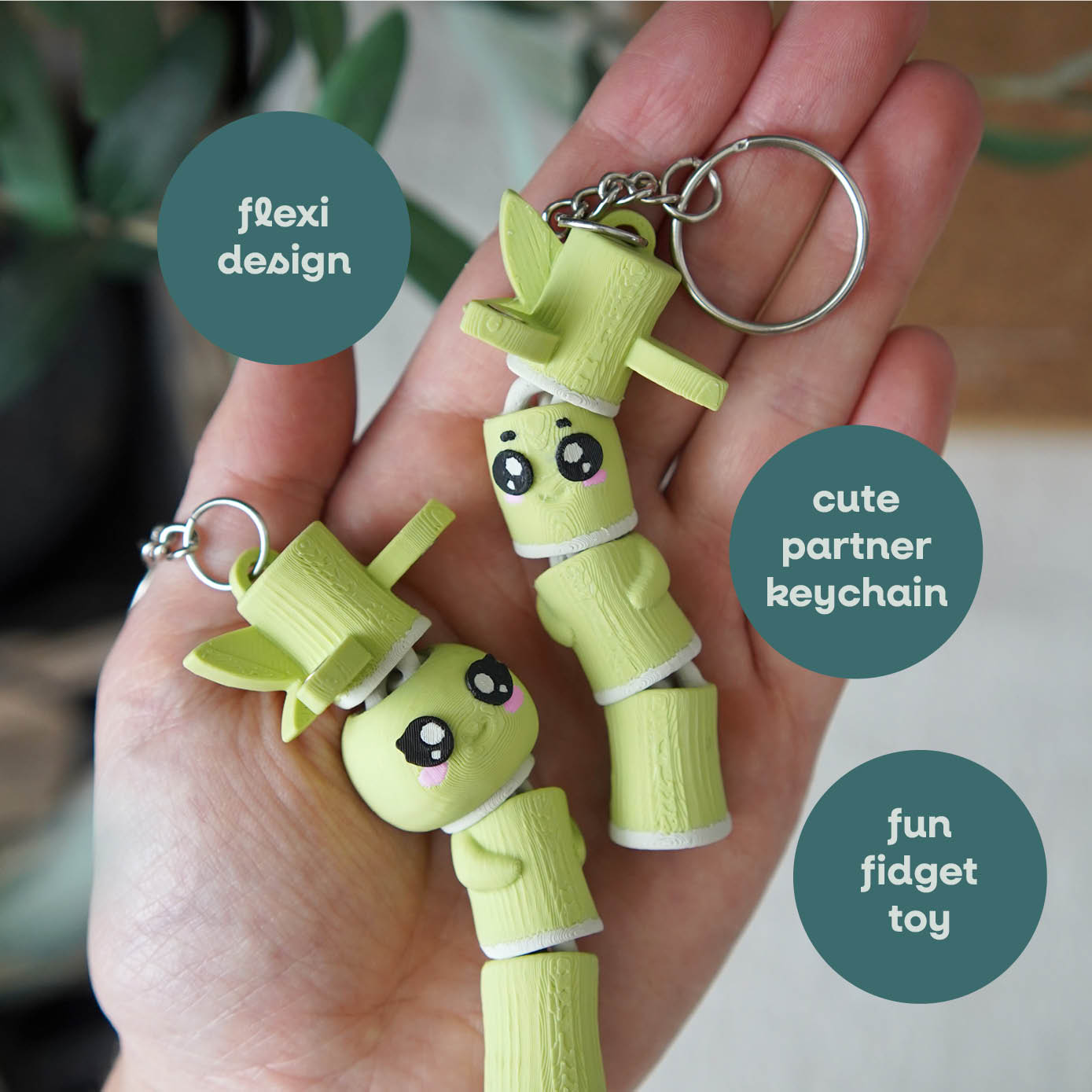 Flexi Bamboo Buddy & Bamboo Babette Magnetic Keychain – 3D Printed Fidget Toy, Cute Collectible Keychain