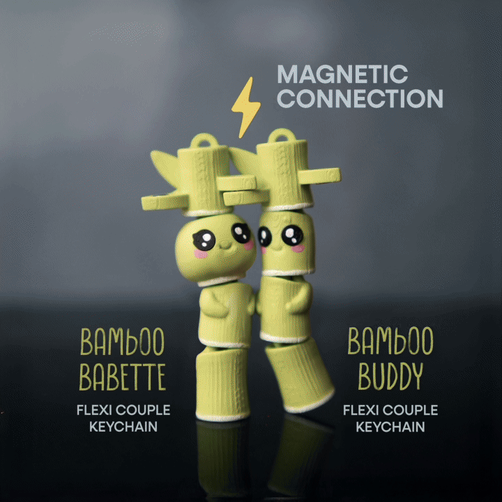 Flexi Bamboo Buddy & Bamboo Babette Magnetic Keychain – 3D Printed Fidget Toy, Cute Collectible Keychain
