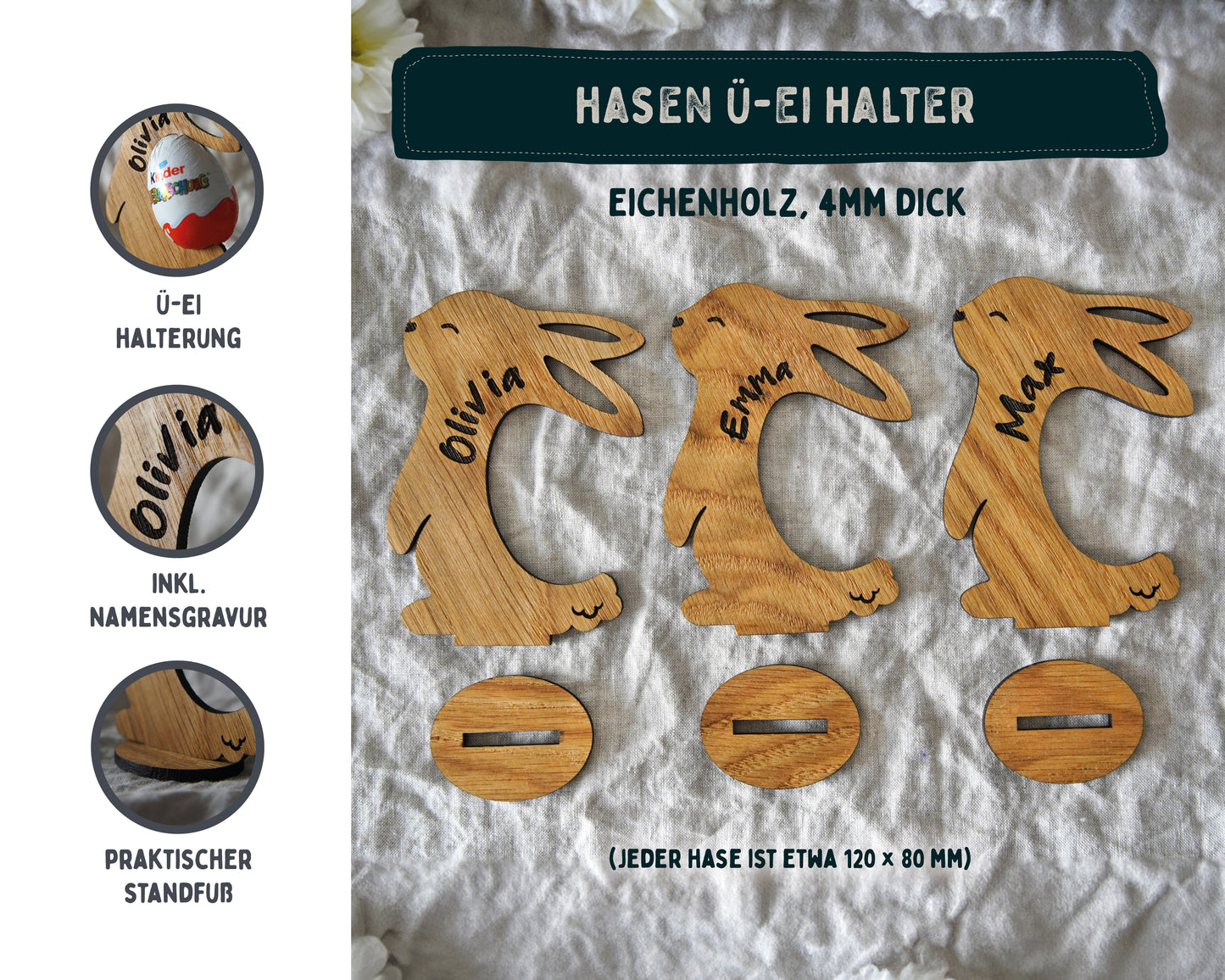 Ostergeschenk Kinder, Hase mit Ü-Ei, Überraschungsei personalisiert, Ostergeschenk Halter Geschenk Holzhase Osterkorb Überraschungsei