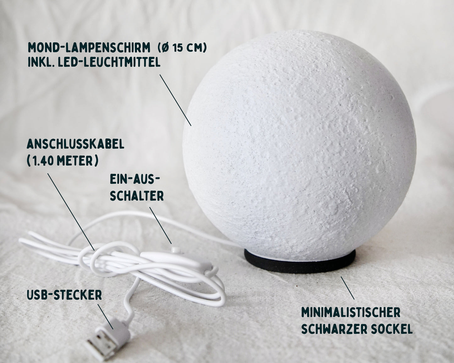 Mondlampe mit schwarzem PLA-Sockel, Vollmond, Nachtlicht, home decor, Einweihungsgeschenk, YUNA moon lamp, 3d Druck, artemis