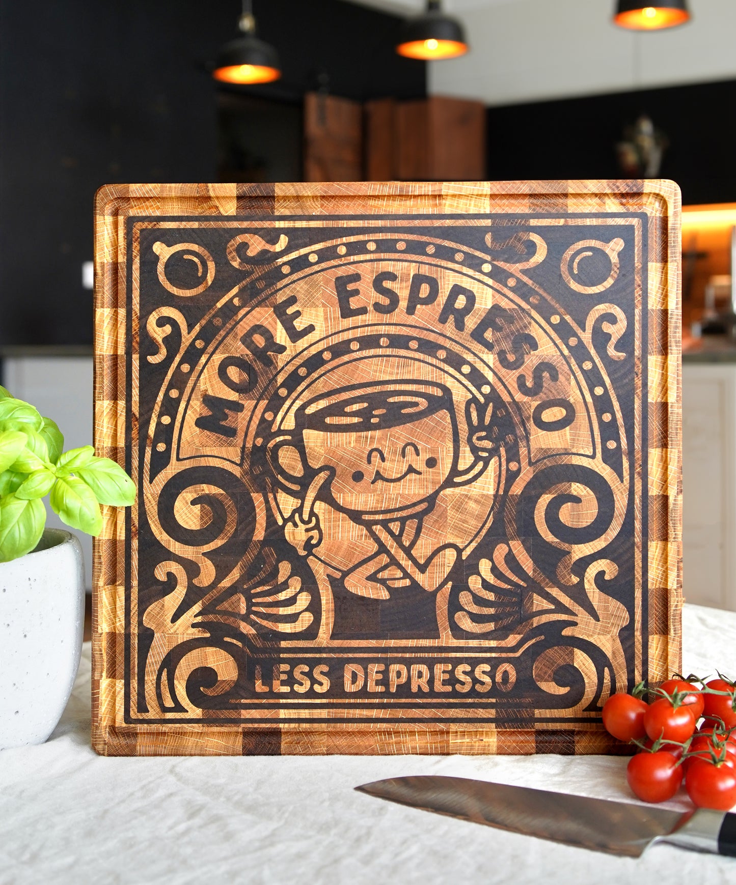 Stirnholz Schneidebrett Inlay Walnuss Eiche Kaffee Liebhaber Geschenk Espresso